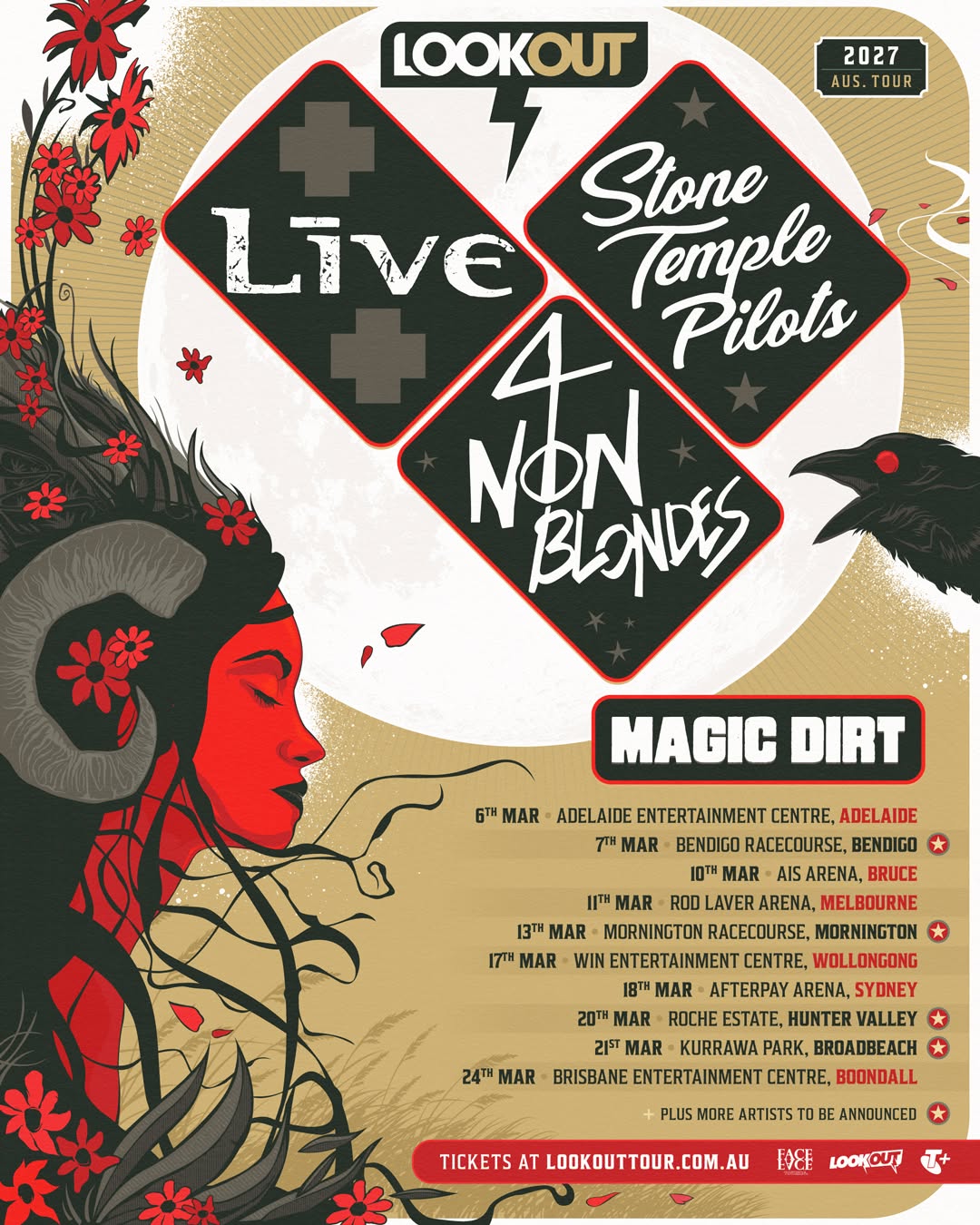 Lookout Festival 2027 Australian tour poster featuring Live, Stone Temple Pilots, and 4 Non Blondes with red graphic artwork.